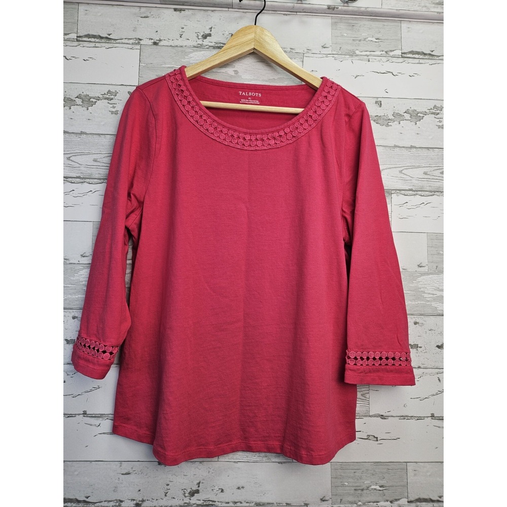 Talbots Women XL Pink Cotton Crochet Trim 3/4 Sleeve Knit Top Tee